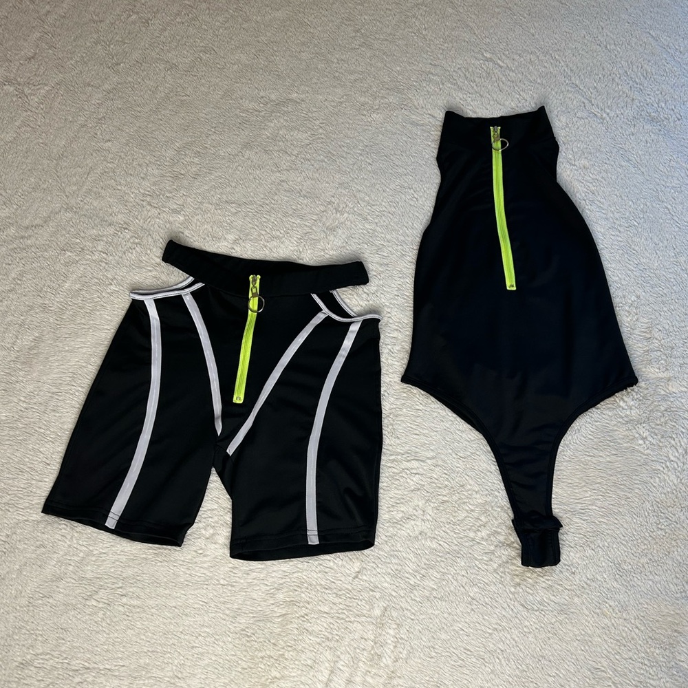 Black and Neon Green Zip-Up Two-Piece Set
